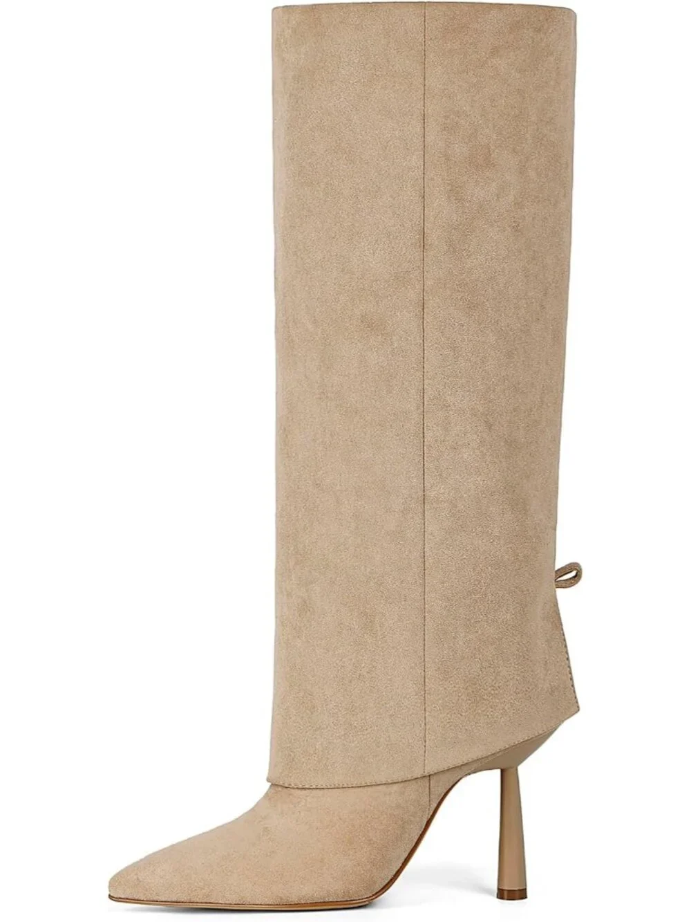 Women's Khaki Faux Suede Pointed Toe Stiletto Heel Fold Over Knee High Boots
